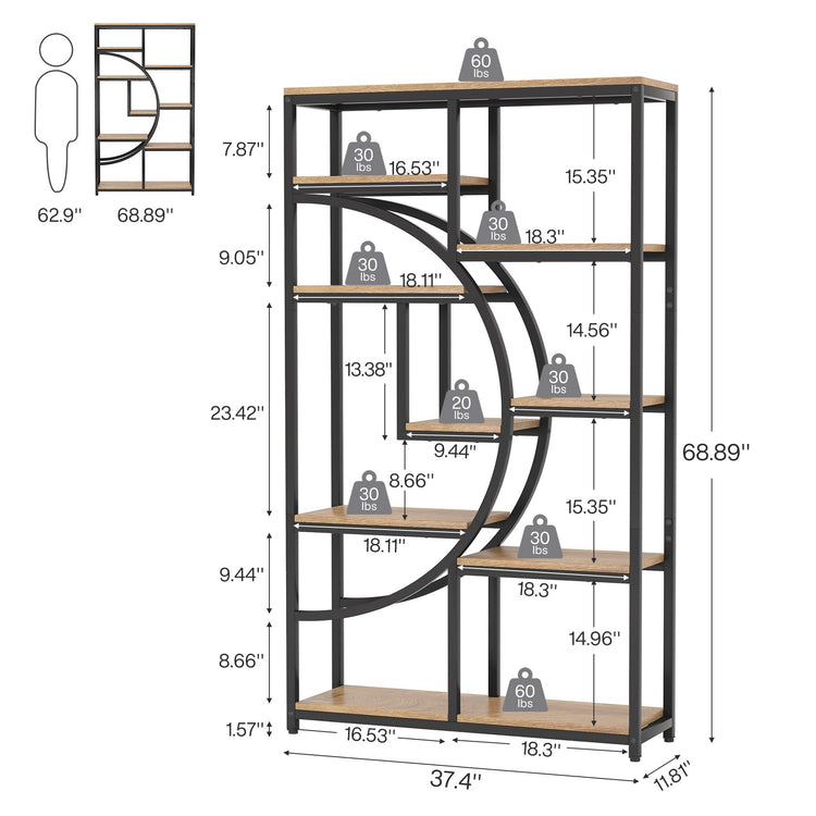 Industrial Bookshelf Bookcase with 9 Open Shelf