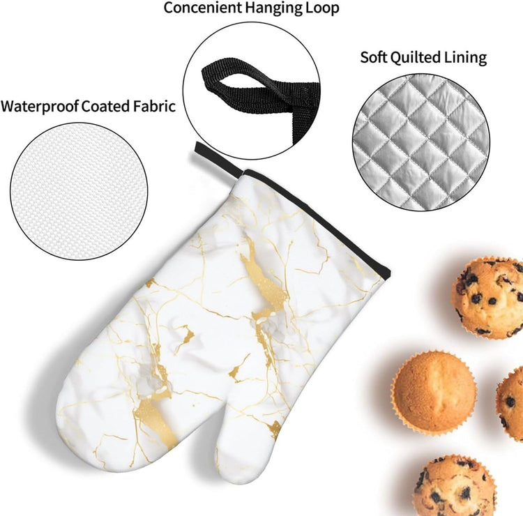 White Gold Marble Oven Mitts and Pot Holders Sets of 3 Heat Resistant Oven Gloves Hot Pads Non-Slip Kitchen Accessories for Baking Cooking Grilling BBQ