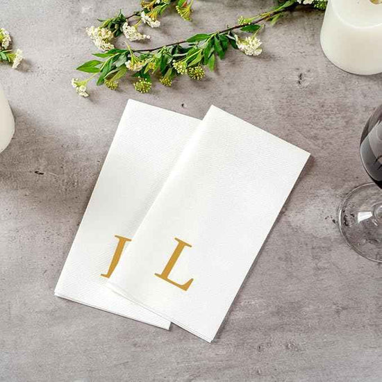 Luxenap 15.8 X 7.9 Inch Linen-Feel Guest Towels, 2000 Lettered Hand Towels - Gold Letter 'L', Sans Serif Font, White Paper Dinner Napkins, airlaid, For Restrooms And Tables