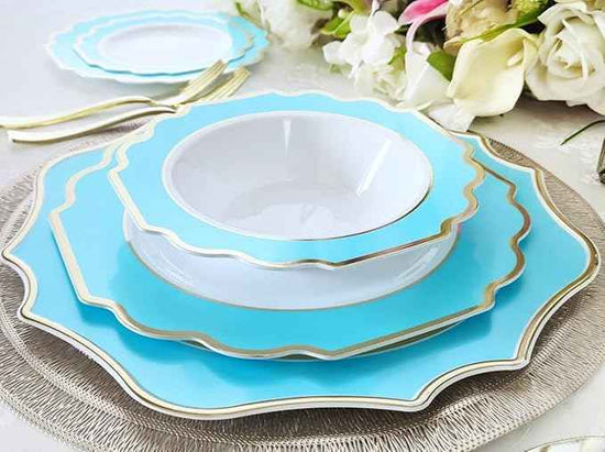 " OCCASIONS " 320 Piece set (40 Guests)-Heavyweight Wedding Party Disposable Plastic Plate Set -40 x 10.5'' + 40 x 8''+Silverware+12oz Cups+Napkins (Imperial Aqua & Silver)