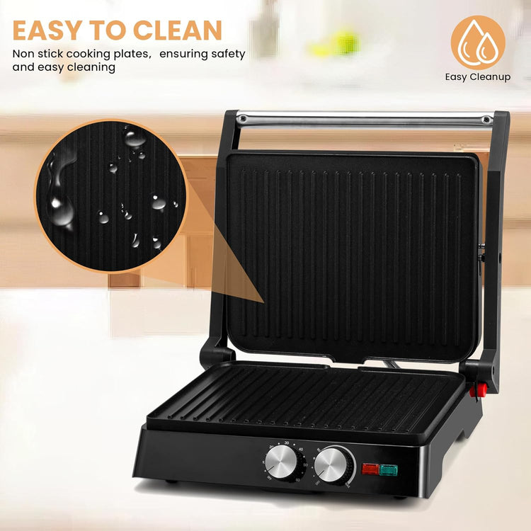 Pukomc Panini Grill Press,Sandwich Maker Press,Contact Grill, 1400W Non-Stick Grill, 60-Minute Timer, 180 Degrees Opening, Stainless Steel