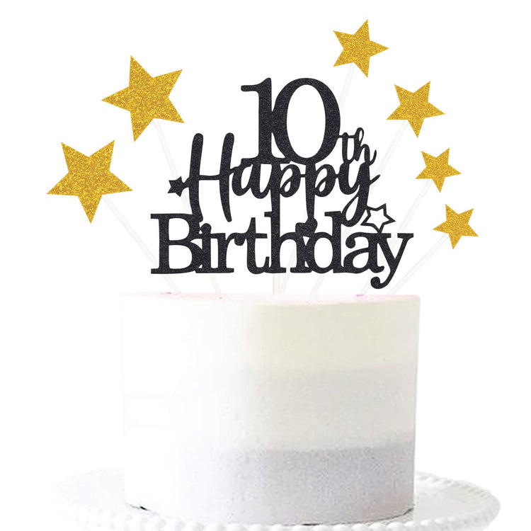 Black Gold 10th Birthday Cake Topper with Glittery Stars (7 Count)