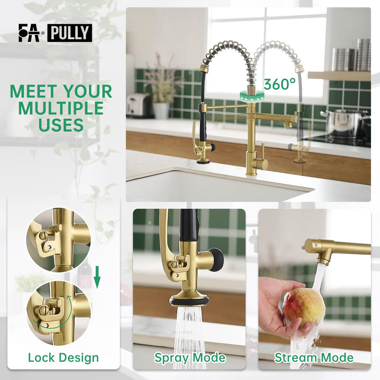 Commercial Brushed Gold Kitchen Faucet with Pull Down Sprayer