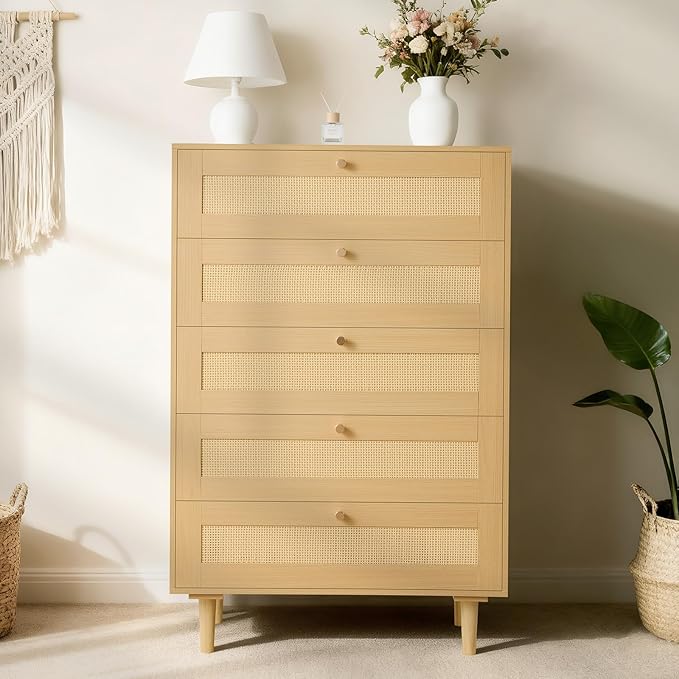 VEVOR 5 Drawer Rattan Dresser, 42" Tall Dresser for Bedroom, Boho Dresser Chest of Drawers with Gold Handles & Wooden Legs, Wood Clothing Storage Closet for Nursery, Living Room, Hallway, Natural Oak