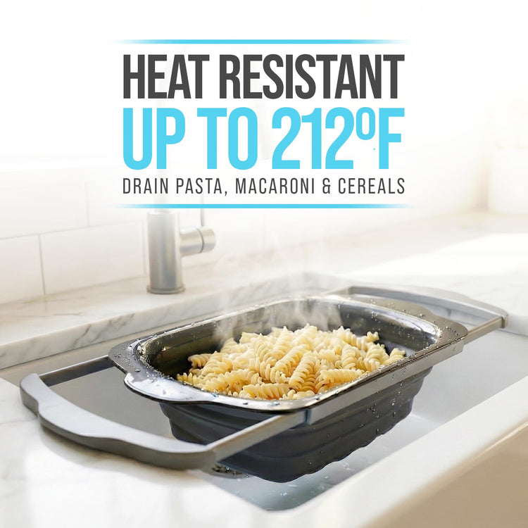 Over-the-Sink Colander with Handles – Sleek Plastic Black Kitchen Strainer for Pasta, Vegetables & Fruits – Space-Saving Design – 17.1 x 10.2 x 1.75 Inches