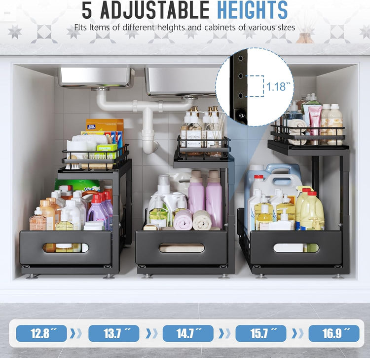 2 Pack 18 IN Depth Under Sink Organizer with Smooth Ball Bearing Slides,2-Tier Pull Out Cabinet Storage,Slide Out Drawers for Bathroom&Kitchen,Rust-resistant Coating,Height Adjustable-Black