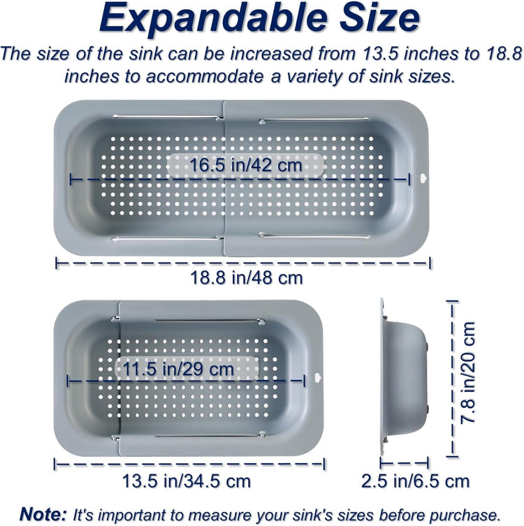 Extendable Sink Colander Strainer Basket - Wash Vegetables and Fruits, Drain Cooked Pasta and Dry Dishes - Adjustable Over the Sink Colander Collapsible Drainer Basket -Gray