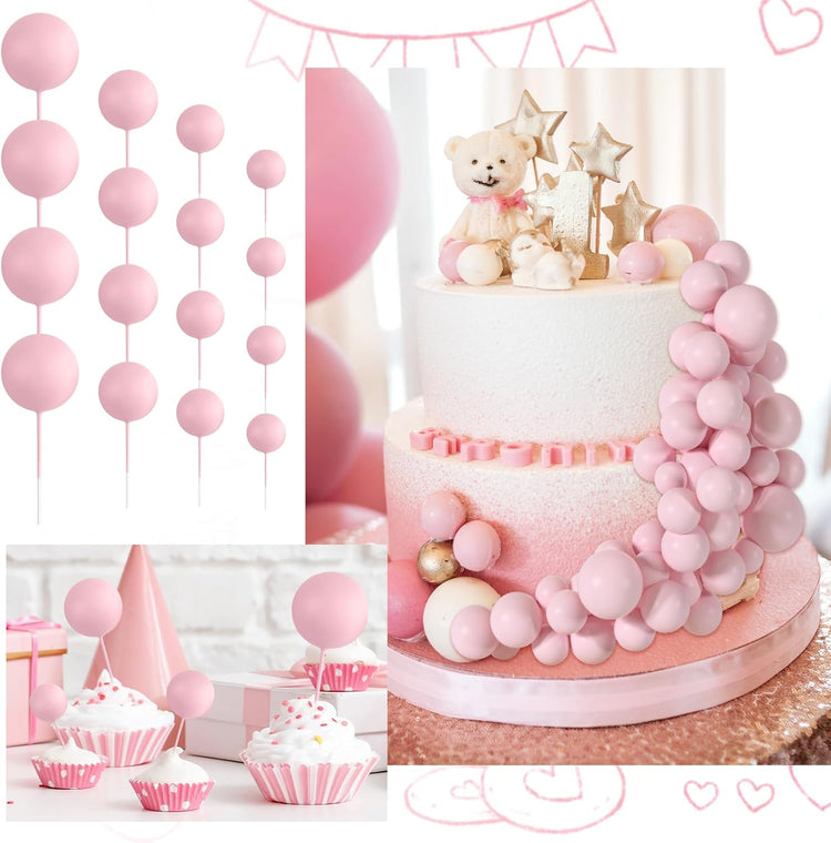 48 Pcs Balls Cake Topper Decorations Balloon Cupcake Toppers Foam Cake Topper Balls Cake Balls Decorations for Birthday Party Wedding Anniversary Cake Decorating (Pink)