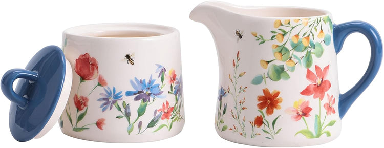 Bico Summer Provence Ceramic Sugar and Creamer Set, Sugar Bowl with Lid, Cute Container for Coffee Bar, Kitchen Countertop Accessories, Microwave and Dishwasher Safe