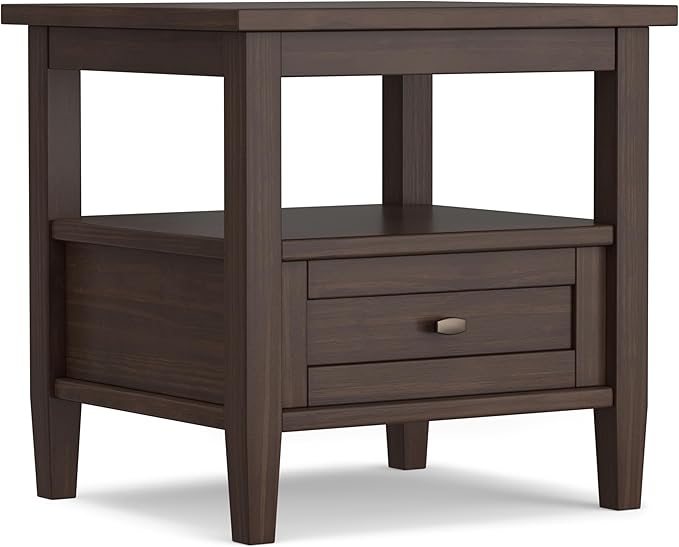 SIMPLIHOME Warm Shaker End Table - 20 inch Wide Solid Wood Side Table in Warm Walnut Brown, Transitional Accent Table for Living Room or Bedroom with Drawer, Open Shelf and Square Tapered Legs