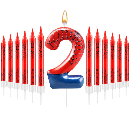 13 Pcs Spider Themed Birthday Candle Set Red Spider Theme Number 2 Candle Cake Topper for Boys Girls Birthday Decoration Spider Party Decoration Supplies (13 Count)
