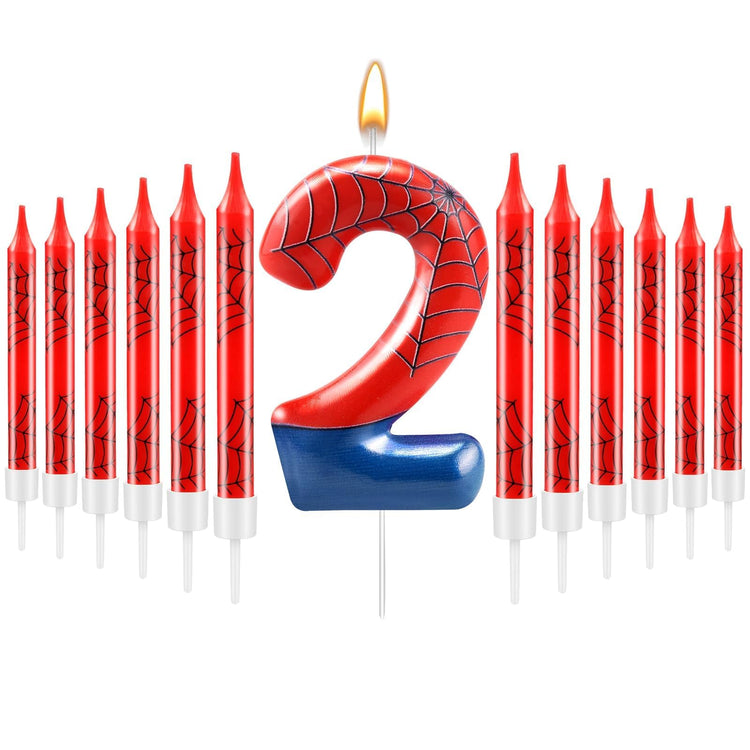 13 Pcs Spider Themed Birthday Candle Set Red Spider Theme Number 2 Candle Cake Topper for Boys Girls Birthday Decoration Spider Party Decoration Supplies (13 Count)