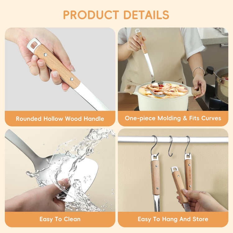 9pcs Cooking Utensils Set 304 Stainless Steel Kitchen Utensils with Wooden Hanlde Metal Kitchen Utensils Soup Ladle Set Dishwasher Safe Kitchen Essentials Set Kitchen Tool Set (9 Count)