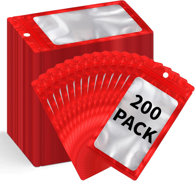 200 Pack Resealable Mylar Holographic Bags Food Storage Smell Proof Bags with Front Window Foil Packaging Pouch for Candy Sample Jewelry Small Business 3.15×5.51 Inch, Red
