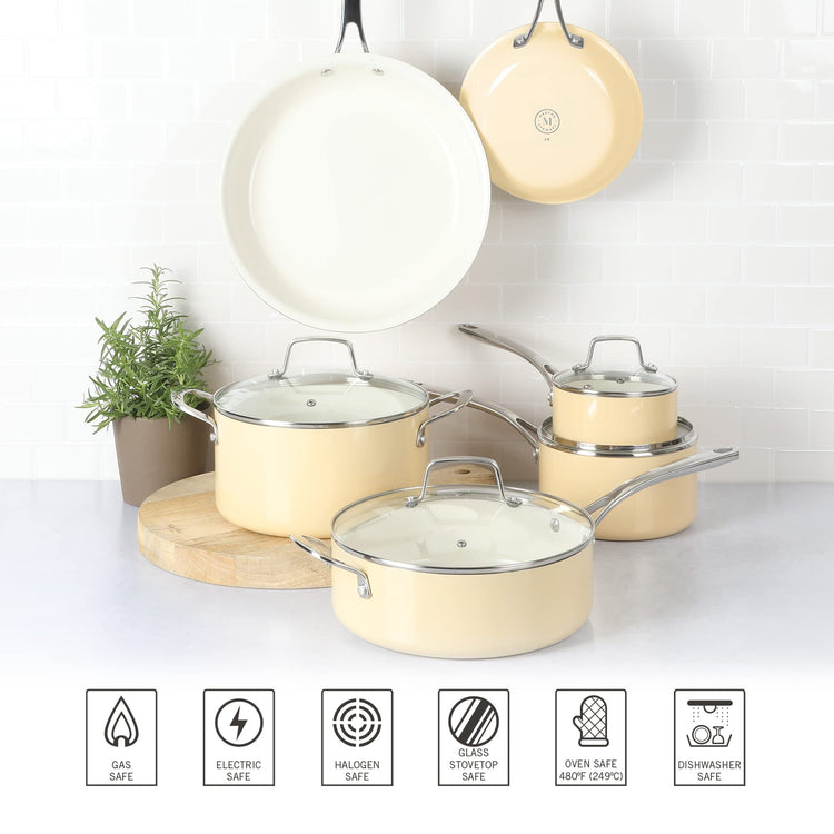 Lockton Premium Nonstick PFA Free Ceramic Interior 10 Piece Enamel Heavy Gauge Aluminum Pots and Pans Cookware Set
