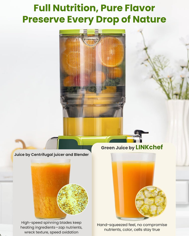 LINKChef Cold Press Juicer Machines for Vegetables and Fruits, 4.35" Wide Chute Masticating Juicer with Pulp Separator, Easy to Clean, BPA-Free, Compact Electric Slow Juice Extractor for Whole Fruit