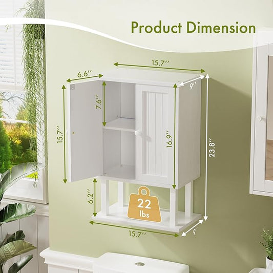 AmazerBath Bathroom Wall Cabinets, Bamboo Over The Toilet Storage Cabinet with Adjustable Shelves, Wall Mounted Medicine Cabinets with 2 Doors for Small Spaces, White, 9.0 x 15.7 x 23.8 Inches