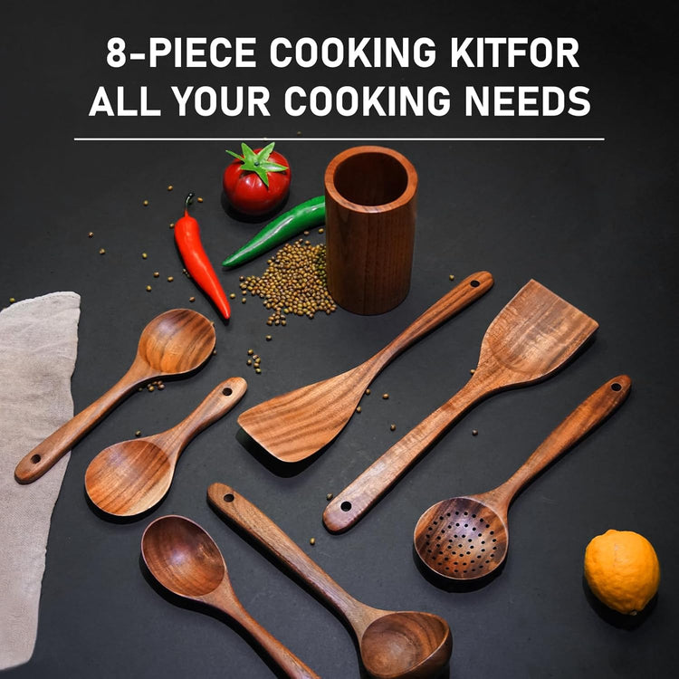 FJNATINH Wooden Spoons for Cooking, 8 Pcs Nonstick Wooden Cooking Utensils Set,Nonstick Natural and Healthy Kitchen Utensil（8 Pcs）