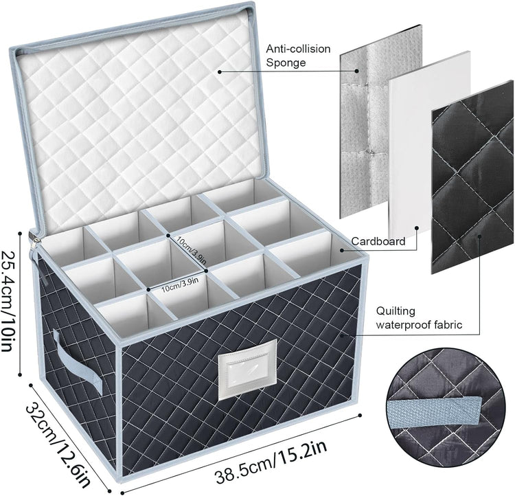 VERONLY Wine Glass Storage Box with Dividers Holds 24 Stemware Storage Cases or China Crystal Glassware Containers with Handles and Lable Window (15.5" x 12.5"x10")-Set of 2 Grey
