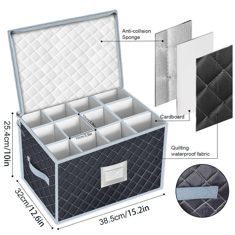 Wine Glass Storage Box with Dividers Holds 24 Stemware Storage Cases or China Crystal Glassware Containers with Handles and Lable Window (2 Count)