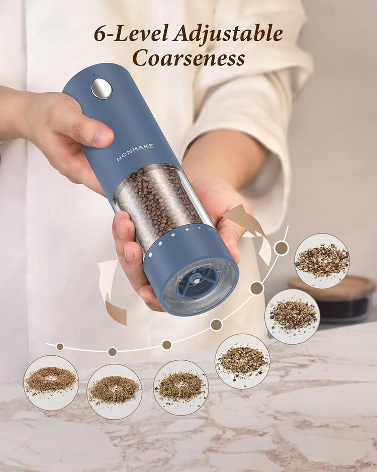Electric Salt and Pepper Grinder Set - Automatic Refillable Salt and Pepper Grinders with Charging Base & LED Light, 6-Level Adjustable Coarseness with External Dial, Ideal Kitchen Gadget，Blue