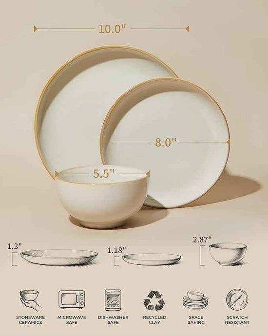 Stoneware Dinnerware Sets, Ceramic Plates and Bowls Set, Microwave & Dishwasher Safe Kitchen Dishes, Modern Dinner Salad Plates | Cereal Bowls, Dishware Sets Service for 4 Yellow White