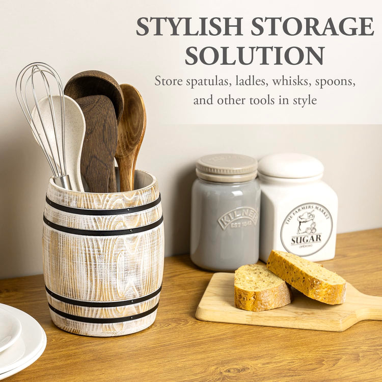 Whitewashed Wood Wine Barrel Kitchen Utensil Holder Crock