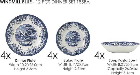 TUDOR ROYAL 12-Piece Porcelain Round Dinnerware Set, Service for 4, WINDMILL BLUE Design, Blue Floral, Plates Bowls Dishes, Premium Quality Tableware, Unique Pattern, Glossy