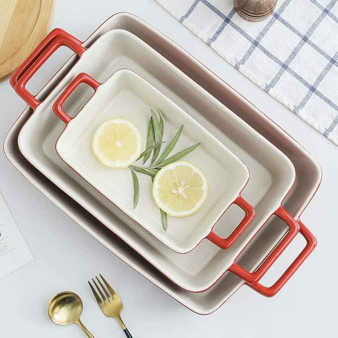 KOOV Bakeware Set, Ceramic Baking Dish, Rectangular Baking Pans Set, Casserole Dish for Cooking, Cake Dinner, Kitchen, Wrapping Upgrade, 12 x 8.5 Inches, 3-Piece (Gradient Red)