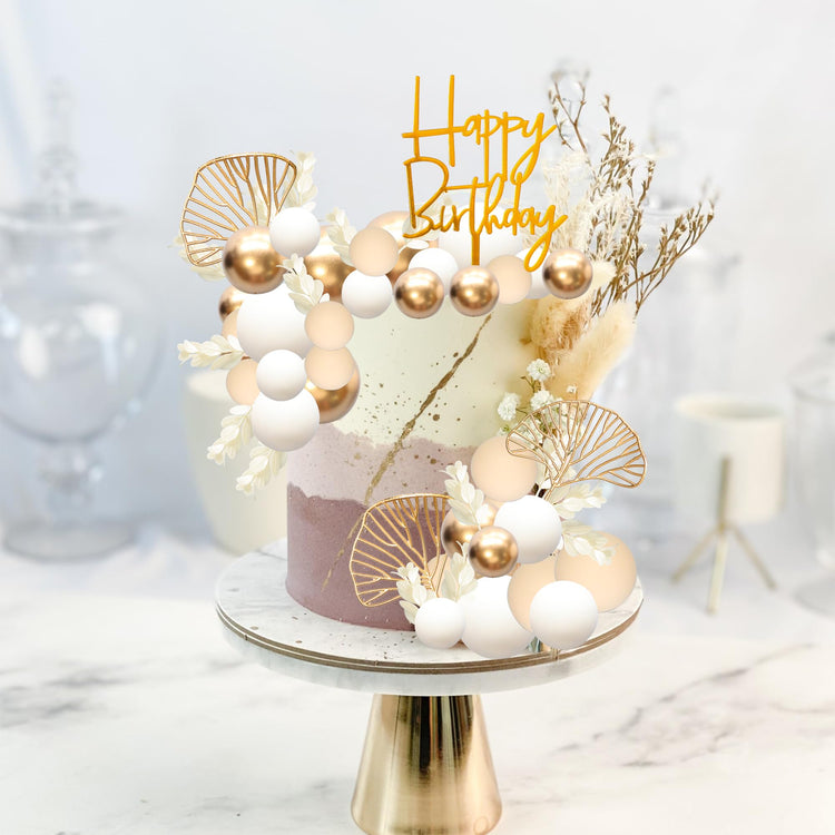 57Pcs Khaki Balls Cake Topper Boho Grass Cake topper Pearl Balls Acrylic Happy Birthday Cake Decorations for Wedding Baby Shower Birthday Boho Themed Party Supplies Khaki White Gold (57 Count)