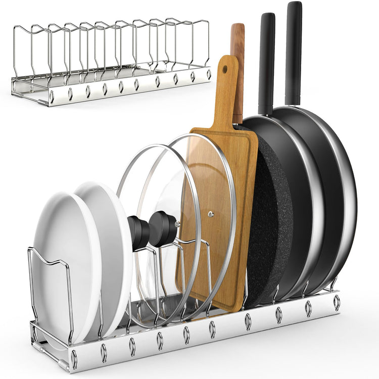 2 Pack 10 Tier Pan Organizer Adjustable Lid Organizer Kitchen Organizers and Pan Organizer and Storage Pot Heavy Duty Pot Lid Organizer for Kitchen Under Sink Storage Drawer (2 Count)