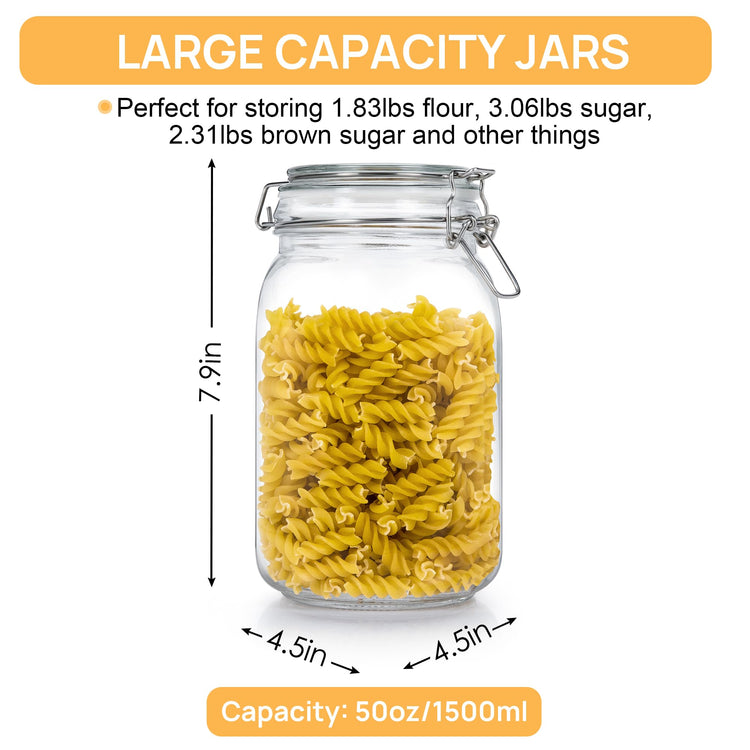 50oz Glass Food Storage Jars with Airtight Clamp Lids (3 Count)