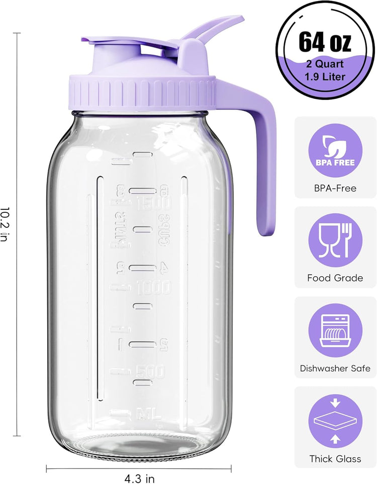 64oz Glass Mason Jar Pitcher with Lid Wide Mouth, 2 Quart Leakproof Glass Water Jug for Juice, Sun Iced Tea, Cold Brew Coffee, Milk Storage, Purple