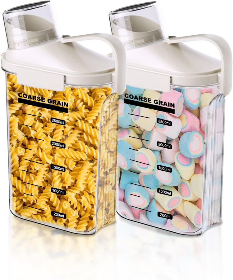 2-Pack Airtight Cereal & Dry Food Storage Containers, BPA-Free Plastic Rice Containers with Lids & Measuring Cup, Kitchen & Pantry Organization for Dry Pet Food, Flour, Grain, Nuts, Snacks, White