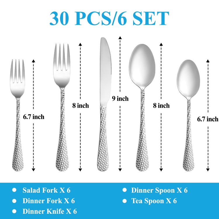 30 Pcs Hammered Silverware Set Service for 6 (30 Count)