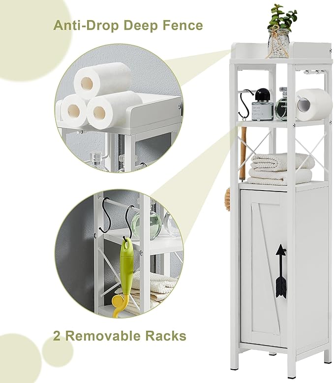 VECELO Small Bathroom Cabinet,Slim Toilet Paper Holder with Door&2 Shelves, Upgraded Narrow Storage Organizer for Restroom Bathroom Tiny Space,Metal Scroll Fenced Top Waterproof Coating,White