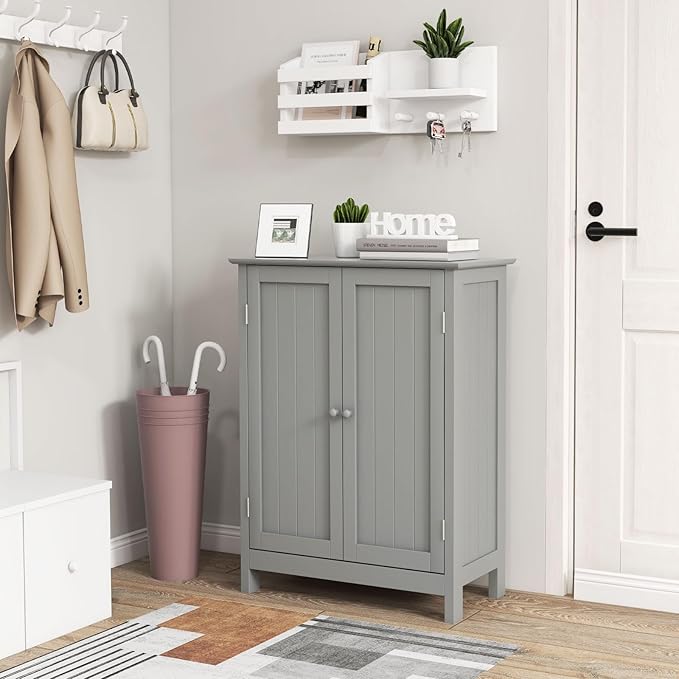 COSTWAY Bathroom Storage Cabinet, Freestanding Bathroom Organizers and Storage with Doors & Adjustable Shelf, Wooden Floor Cabinet for Home, Living Room, Entryway, Kitchen (Grey)