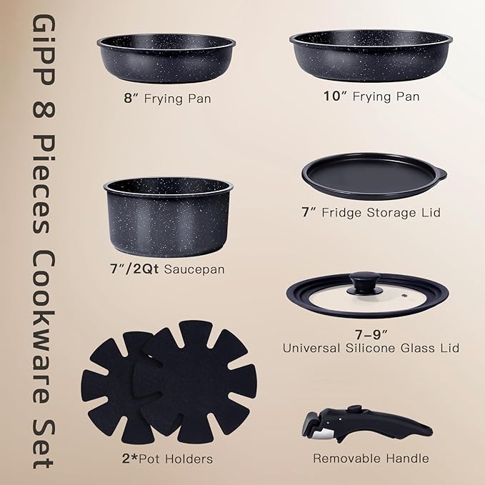 GiPP Ceramic Non Stick Pots and Pans Set,Nonstick Detachable Handle Cookware Sets,Healthy Non Toxic PFAS PFOA & PTFE Free, Dishwasher ＆Oven Safe, Induction Kitchen Pot and Pan, 8 Piece Grey