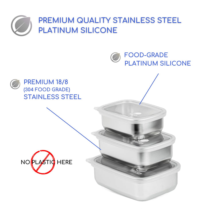 Stainless Steel Food Storage Containers with Clear Platinum Silicone Lids (3 Count)