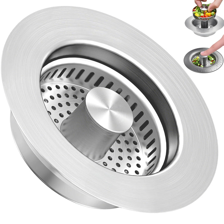 3-in-1 Kitchen Sink Drain Strainer & Stopper, Stainless Steel Food Catcher Plug with Filter Basket, Fits 3-1/2 Inch Drain Hole, Universal Sink Protector Cover, Anti-Clogging, Silver (Sus304, 1 Pack)