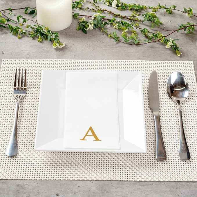 Luxenap 15.8 X 7.9 Inch Linen-Feel Guest Towels, 50 Lettered Hand Towels - Gold Letter 'A', Sans Serif Font, White Paper Dinner Napkins, airlaid, For Restrooms And Tables - Restaurantware