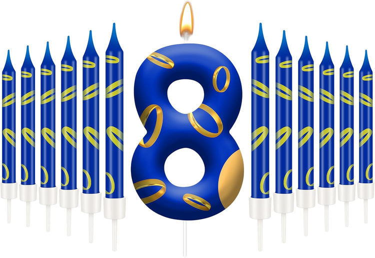 13PCS Birthday Cake Candles Set - Blue and Golden Ring Number Candles with Vibrant Designs for Boys & Girls, Theme Birthday Party Decorations, Cake Toppers for Theme Parties(Number 8)