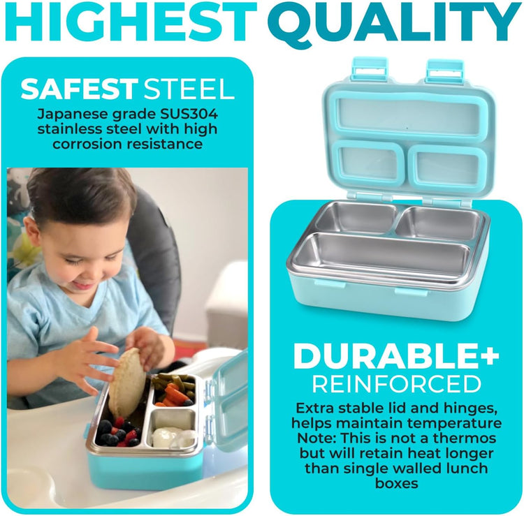 Small Stainless Steel Lunch Box for Baby or Toddlers Boys Girls, Insulated Mini Bento, 3 Eco Metal Portion Sections Leakproof Lid, Pre-School Daycare Lunches, Kids Spill-Proof Snack Container, Green