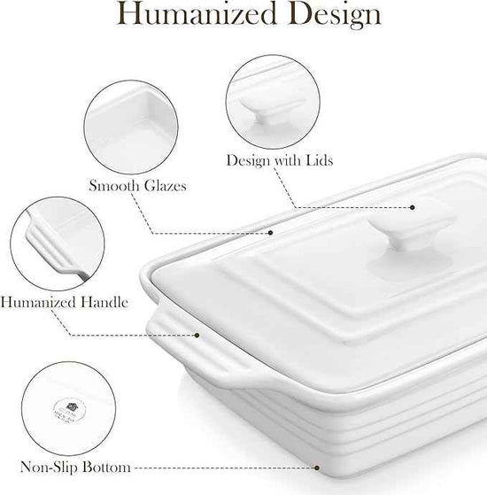 MALACASA Casserole Dish for Oven, 4.4 Qt Porcelain Baking Dish with Lid, 9x13 Baking Pan with Handles, Large Lasagna Pan Deep, Rectangular Bakeware, Microwave Safe, White, Series BAKE