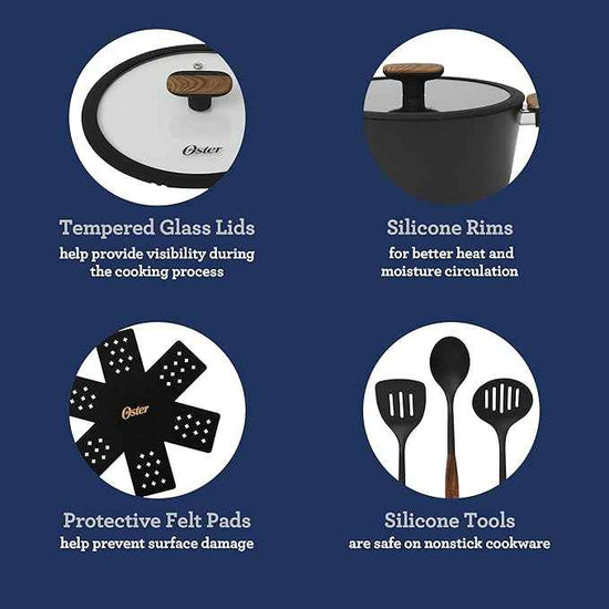 Oster Platinum Oxburg 14 Piece Forged Aluminum PFA Free Non-toxic Premium Ceramic Non Stick Interior Cookware & Kitchen Tools Set - Black w/Wood Handles
