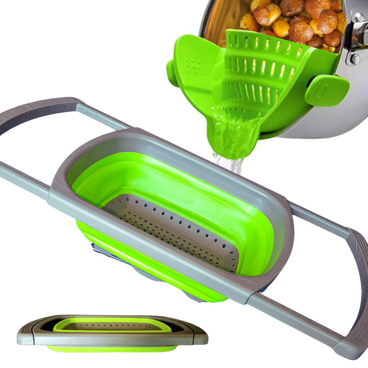 2-in-1 Silicone Strainer Set | Collapsible Colander | Over the Sink Silicone Collander With Extendable Handle | Clip-on Pot Strainer for Pots and Pans| Space-Saving, Heat-Resistant (2 Count)