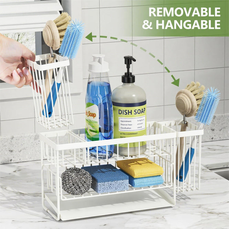 White 2 Tier Kitchen Sink Caddy Organzier Rack with Flexible Dish Brush Holder