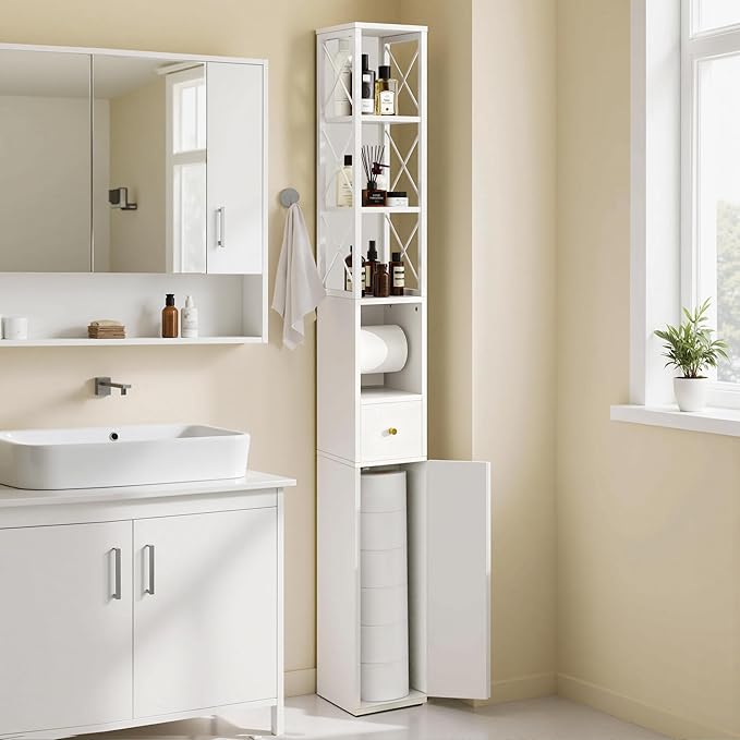 VECELO Storage Cabinet, 67" Tall Narrow Bathroom Cabinet with X-Frame Metal Design, Toilet Paper Holder, Magnetic Door & Drawer, for Small Spaces, Pearl White
