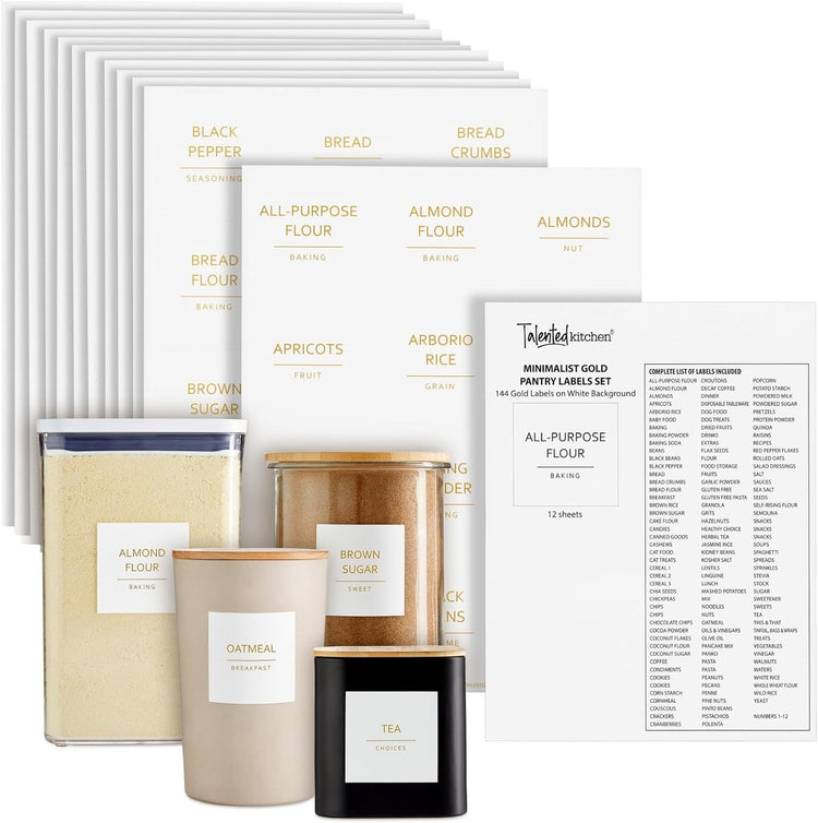 Talented Kitchen Labels for Storage Bins & Food Containers - 2.5 x 2.5-Inch Matte White Vinyl Squares - Metallic Gold Text Peel & Stick - Water-Resistant for Jars & Pantry Organization