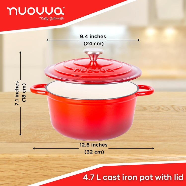 Cast Iron Pot with Lid – Non-Stick Ovenproof Enamelled Casserole Pot, Oven Safe up to 500° F – Sturdy Dutch Oven Cookware – Red, 5-Quart, 24cm – by Nuovva - Nestoria